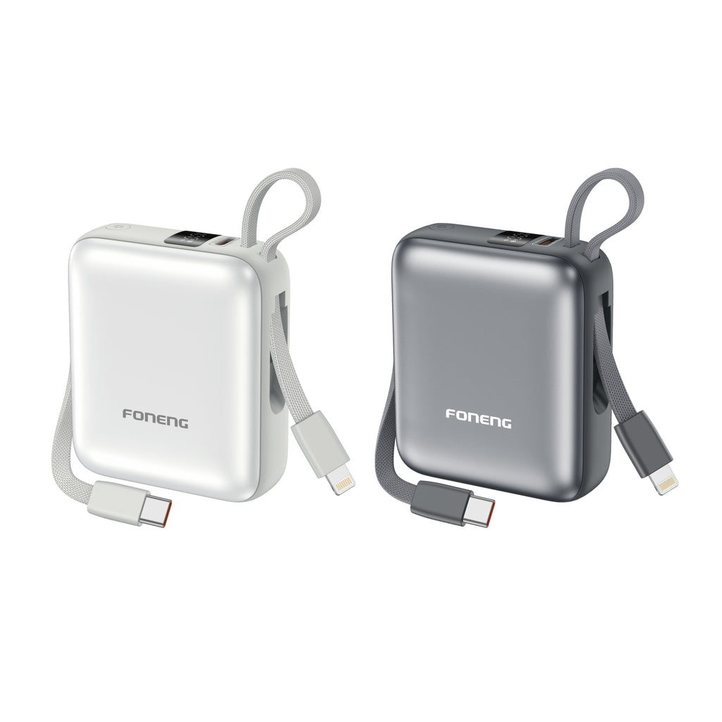 Foneng PX115 10000mAh Mini 22.5W Power Bank with two built-in cables.