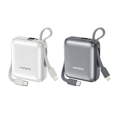 Foneng PX115 10000mAh Mini 22.5W Power Bank with two built-in cables.