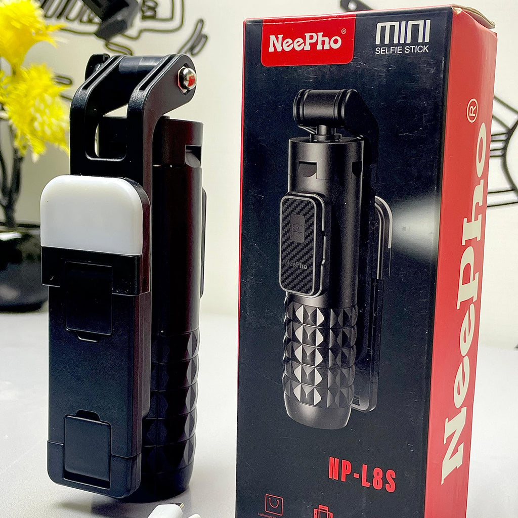 NP-L8S Mini Selfie Stick with a built-in tripod stand and LED fill light