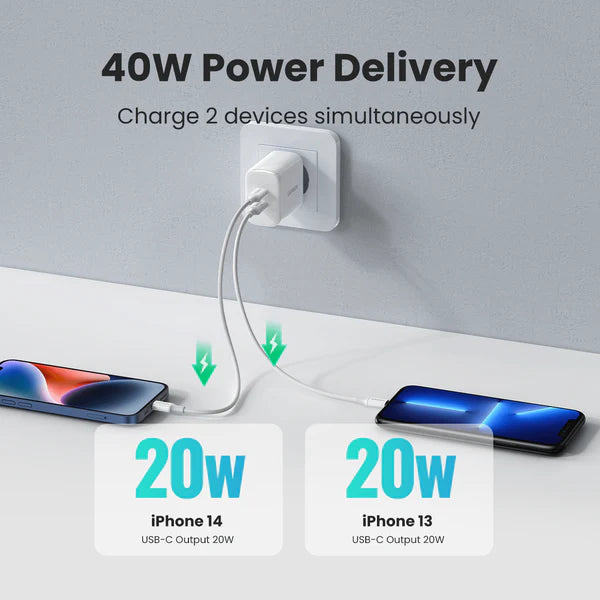 Ugreen CD243 40W Dual-Port USB-C Fast Charging Power Adapter